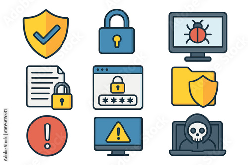 Cybersecurity icon set for digital safety and data protection. Vector cartoon icons of virus, malware, hacker threat, password, privacy lock, and secure shield concepts.