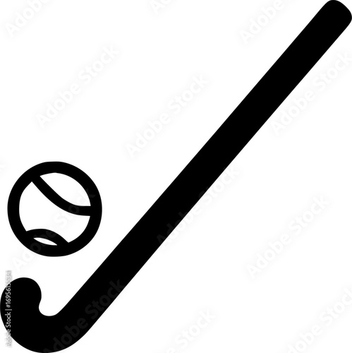 Black and white vector icon of a hurley and sliotar, minimalist hurling sports equipment illustration for posters, prints, and graphic design