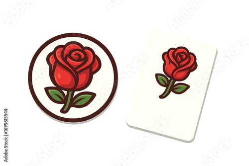 Red rose logo and business card template set. Floral vector icon for branding or identity. Flower shop symbol. Beauty salon badge. Cartoon illustration design element.
