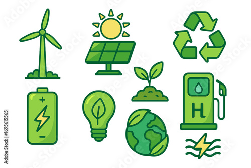 Green energy icons showcasing renewable sources, solar panels, wind turbines, recycling, eco-friendly batteries, hydrogen fuel, earth with leaves, sustainable environment, vector cartoon illustration