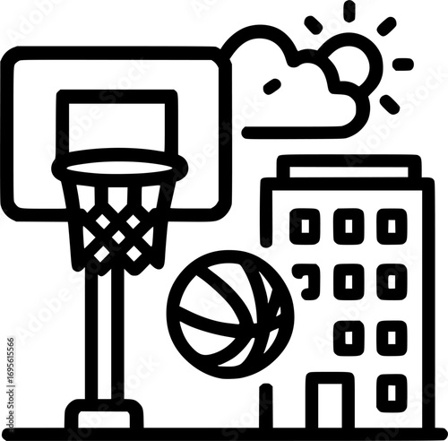 Black and white vector icon of an urban street basketball hoop, minimalist sports illustration for posters, prints, and graphic design