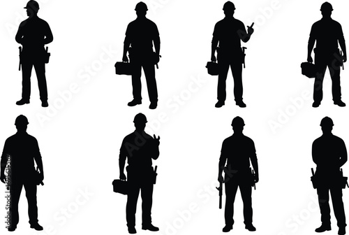 Construction worker silhouette, industrial builder outline, handyman with tools, engineer icon, labor workforce vector, repairman symbol, occupation concept, professional tradesman illustration