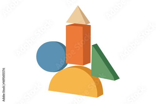 Abstract concept of balance, stability, and construction. Composition with 3D geometric shapes. Modern minimalist vector illustration with textured forms, figures, and blocks.