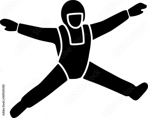 Black and white vector icon of a skydiver performing a formation dive, minimal design ideal for skydiving, extreme sports, aviation, and adventure-themed illustrations