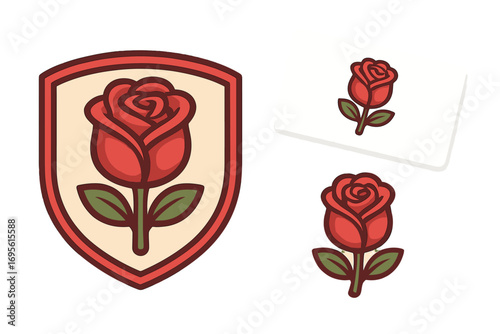 Red rose logo and badge set with business card mockup. Floral vector icon collection for beauty brand identity. Elegant flower emblem shield design for corporate branding.