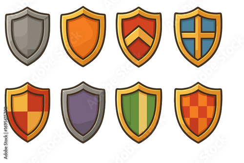 Game shields set vector. Medieval fantasy knight battle heraldry collection. Protection and security symbol. Colorful cartoon game assets. Flat icon pack for UI design.