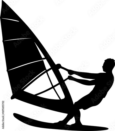 Black and white vector silhouette of a windsurfer leaning back to control the sail, dynamic water sports illustration for posters, prints, and graphic design