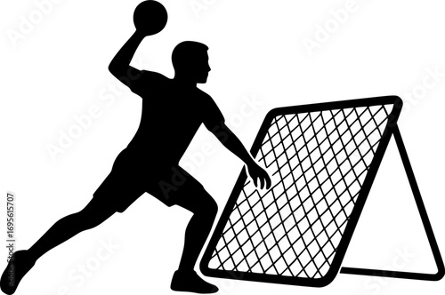 Black and white vector silhouette of a tchoukball player throwing the ball at the frame, minimalist team sports illustration for posters, prints, and graphic design