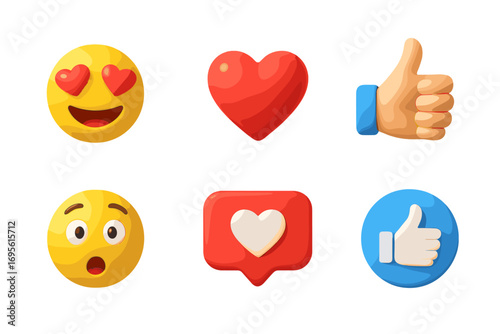 Social media 3D emoji icon set. Like button, love, heart, wow face reaction. Web communication render. Volumetric vector element collection for network, app, chat message.