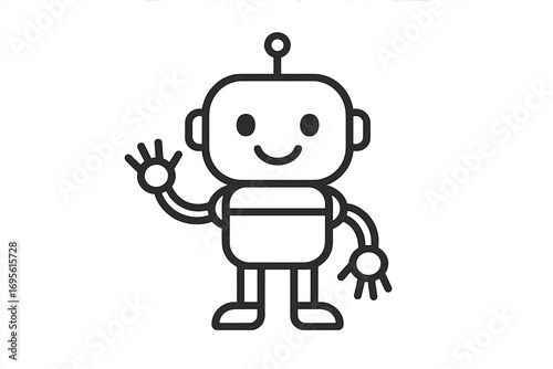 Friendly waving robot character vector line icon. Simple cartoon bot illustration. Cute android mascot logo for AI, tech support, chatbot, innovation and modern technology.
