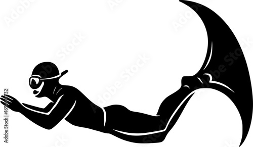 Black and white vector of a freediver with a monofin, minimalist underwater sports illustration for posters, prints, and graphic design