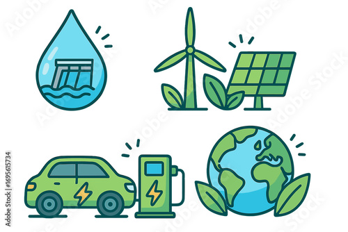 Sustainable energy vector icon set. Renewable sources concept. Green power like wind turbine, solar panel, hydropower dam. Electric car, EV charging, planet earth, ecology.