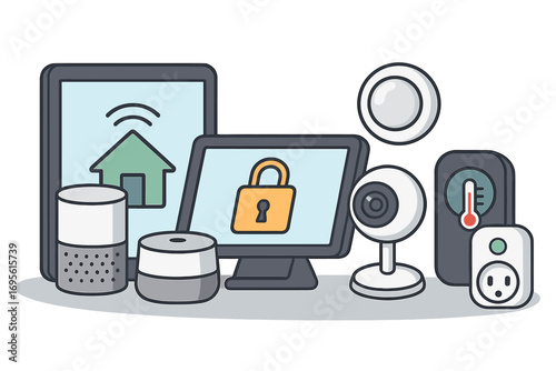 Smart home technology concept. Home automation system with various devices. Internet of things, IoT. Security camera, smart speaker, tablet. Vector cartoon illustration.