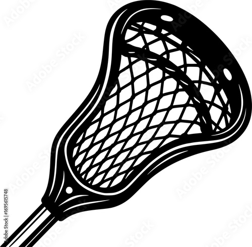 Black and white vector of a lacrosse stick with netted head, minimalist sports equipment illustration for posters, prints, and graphic design
