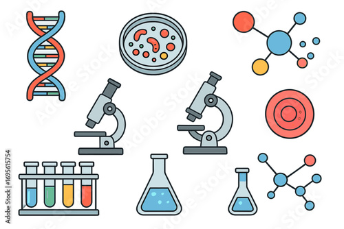 Science icon set. Biology, chemistry laboratory equipment. Vector cartoon illustration. DNA, microscope, test tube, molecule, petri dish, bacteria. Medical research analysis.