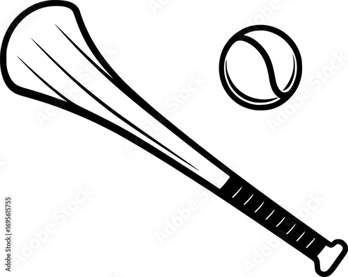 Black and white vector of a hurley stick and sliotar, minimalist hurling sports illustration for posters, prints, and graphic design
