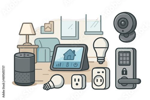 Smart home devices and home automation technology concept. Internet of Things (IoT) vector illustration. Security camera, smart lock, speaker, and light control system.