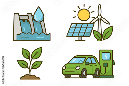 Sustainable energy icon set. Renewable resources concept. Green power vector illustrations. Hydroelectric dam, solar panel, wind turbine, electric car charging station icons.