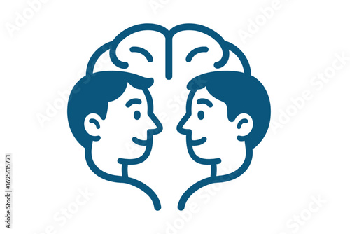 Mental health therapy concept. Two faces form a brain shape. Psychology & counseling icon. Empathy, communication & understanding. Human connection & dialogue metaphor. Vector logo.