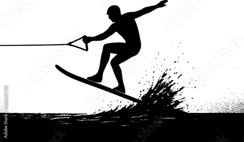 Minimal black and white vector silhouette of a kitesurfer riding the waves, dynamic water sports illustration for posters, prints, and graphic design