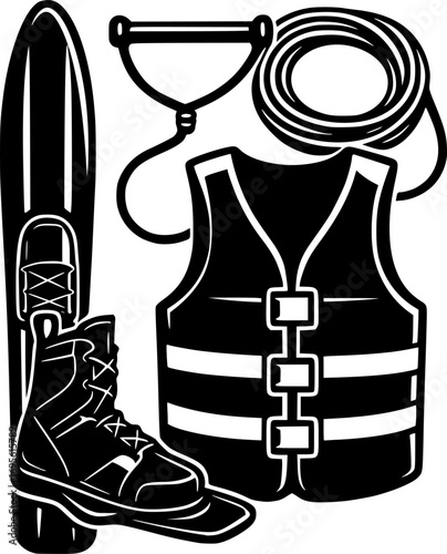 Black and white vector of waterski equipment, minimalist water sports illustration for posters, prints, and graphic design