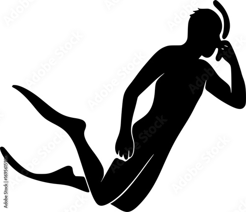 Minimal black and white vector silhouette of a freediver equalizing ears underwater, simple aquatic sports illustration for posters, prints, and graphic design