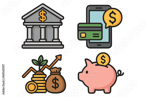 Financial icons set vector. Banking building with dollar sign, mobile payment with credit card and smartphone, investment growth with coins and plant, piggy bank savings concept illustration