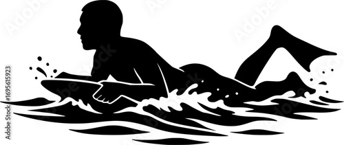 Minimal black and white vector silhouette of a bodyboarder paddling in the surf, dynamic water sports illustration for posters, prints, and graphic design