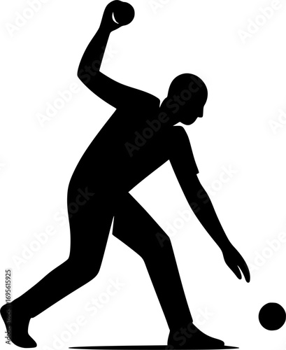 Minimal black and white vector silhouette of a bowler pitching a ball underarm, simple sports illustration for posters, prints, and graphic design