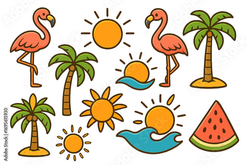 Summer beach icon set with cute cartoon flamingo, tropical palm tree, sun, and watermelon. Vector clipart collection for vacation, travel, and coastal design elements.