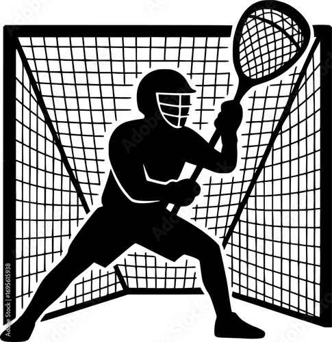 Minimal black and white vector silhouette of a lacrosse goalkeeper defending the goal, dynamic sports illustration for posters, prints, and graphic design