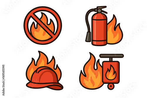 Fire safety icon set. Firefighter equipment cartoon collection. Fire extinguisher, helmet, no fire sign. Vector illustration for protection, emergency, hazard, and prevention.