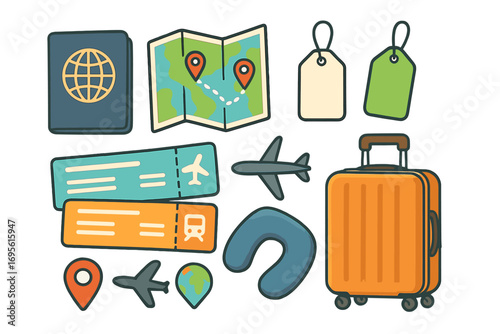 Travel essentials and vacation icon set for trip planning. Vector cartoon illustration with passport, map, transportation tickets, luggage, and neck pillow. Journey concept.