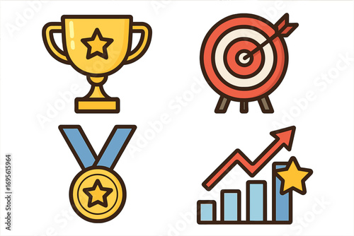 Set of success symbols. Trophy, medal, target, and growth graph icons. Concept for achievement, goal setting, winning competition, business progress, and victory. Vector.