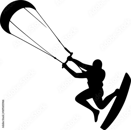 Minimal black and white vector silhouette of a kitesurfer riding the waves, dynamic water sports illustration for posters, prints, and graphic design