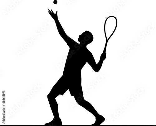 Minimal black and white vector silhouette of a squash player serving the ball, clean sports illustration for posters, prints, and graphic design