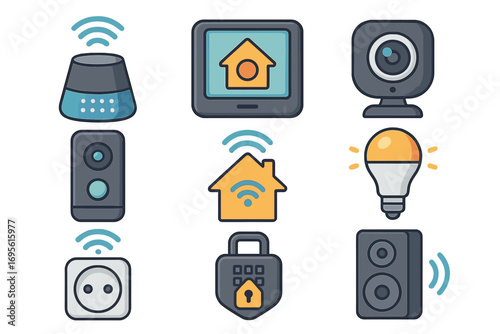 Smart home devices icons set with wireless connection symbols, modern home security, automation technology, smart lighting, smart speakers, security cameras, IoT technology vector illustration