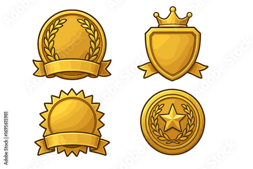 Set of golden badges and awards. Vector illustration of luxury gold medals, emblems with ribbons. Collection includes shield with crown, star, and laurel wreath designs.