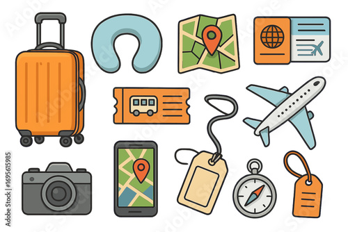 Travel and vacation essentials icon set for trip planning. Vector cartoon illustration of suitcase, passport, ticket, map, and airplane for tourism and holiday journey design.