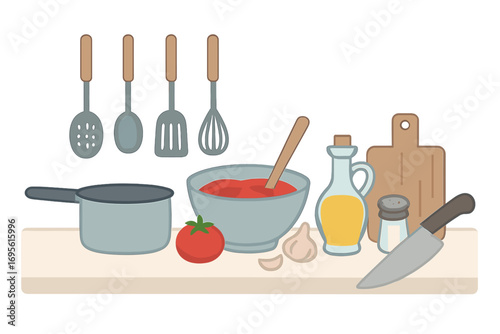 Kitchen utensils and ingredients for cooking. Food preparation concept for a recipe. Vector illustration of making tomato sauce with pot, knife, oil, and garlic. Flat culinary set.