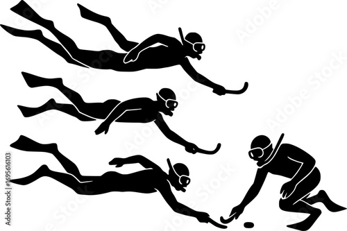 Minimal black and white vector silhouette of an underwater hockey team swimming, simple aquatic sports illustration for posters, prints, and graphic design