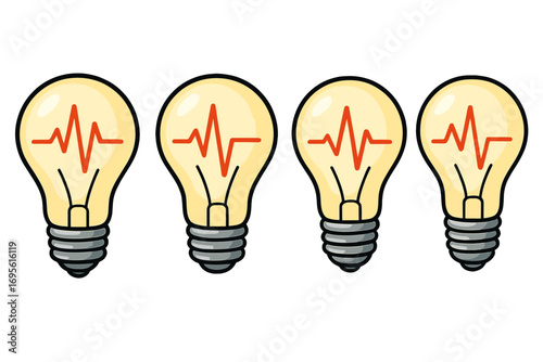 Light bulbs with heartbeat EKG pulse. Concept of idea, life, energy, and innovation. Metaphor for creativity, health, and vitality. Vector cartoon illustration set.