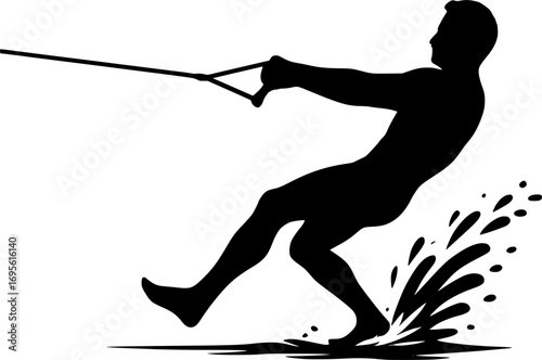 Minimal black and white vector silhouette of a barefoot waterskier, dynamic water sports illustration for posters, prints, and graphic design