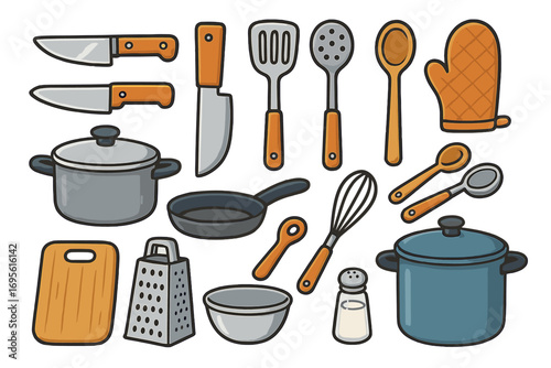 Kitchen tools and utensils set for cooking and meal preparation, including knives, pots, pans, whisk, grater, cutting board, spoons, oven mitt, salt shaker, and bowl, cartoon vector illustration