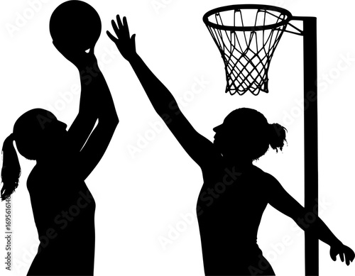 Minimal black and white vector silhouette of a netball defender blocking a shot, simple sports illustration for posters, prints, and graphic design