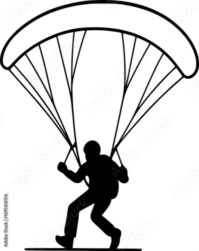 Simple line art silhouette vector of a parachutist preparing to land, minimal monochrome design perfect for skydiving, extreme sports, and adventure themes