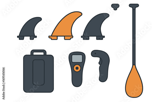 E-foil and electric surfboard parts set. Vector illustration of hydrofoil and SUP equipment. Accessories collection including fins, battery, remote controller, and paddle.