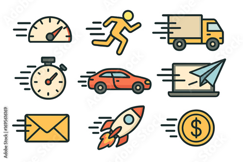 Speed and efficiency vector icon set. Fast delivery, transport, and service symbols. Logistics, startup launch, quick money transfer, time management, and performance concepts.