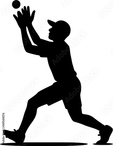 Minimal black and white vector silhouette of a rounders fielder catching a ball, simple sports illustration for posters, prints, and graphic design