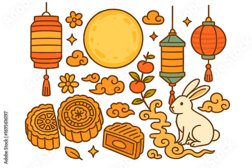 Mid-Autumn Festival illustration set. Chinese holiday elements collection with mooncake, paper lantern, jade rabbit and full moon. Asian Moon festival traditional symbols.